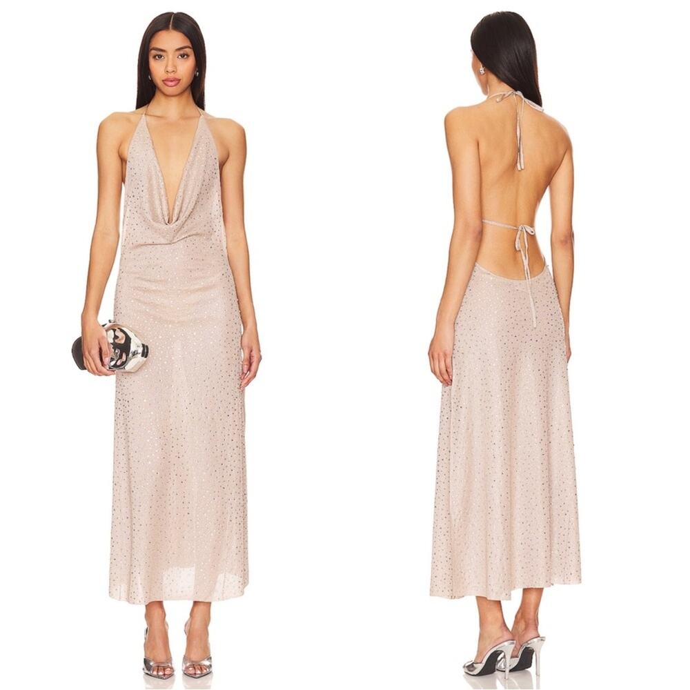 RETROFETE Saar Crystal Embellished Cowl Neck Open Tie Back Midi Dress Size Small